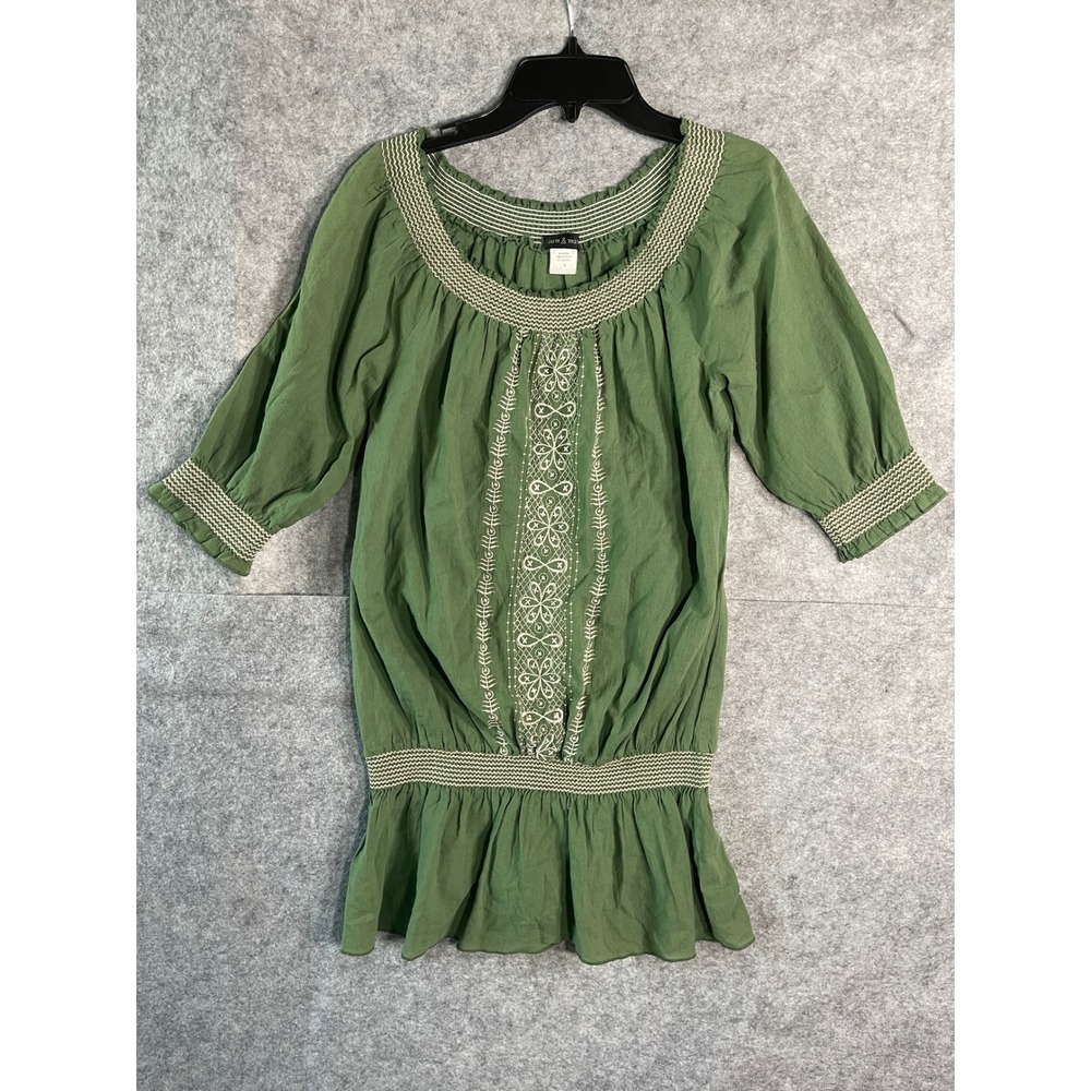 Sam & Max Womens Olive Green Embroidered Cotton Peasant Blouse Smocked Top S